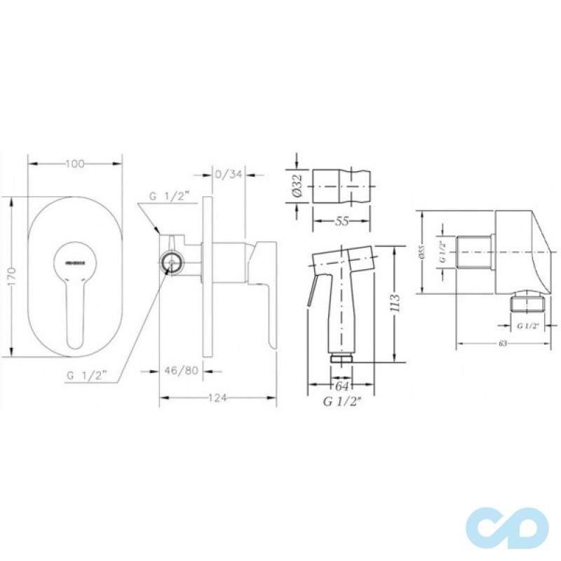 креслення Гігієнічний душ Genebre Oslo OSLO45OV
