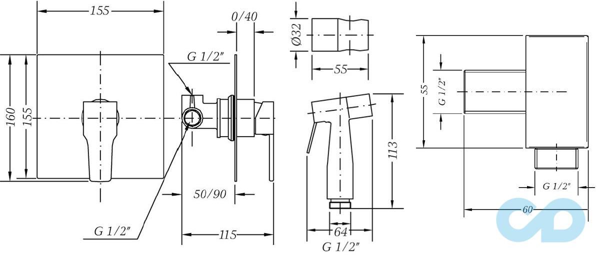 креслення Гігієнічний душ Genebre Kenjo KENJO45CUBE