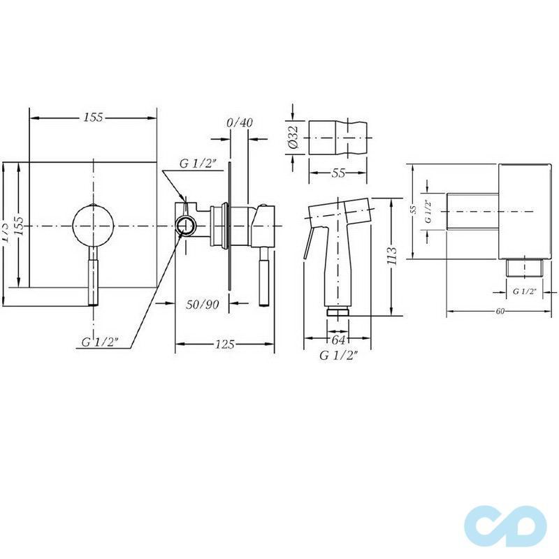 креслення Гігієнічний душ Genebre Tau TAU45CUBE