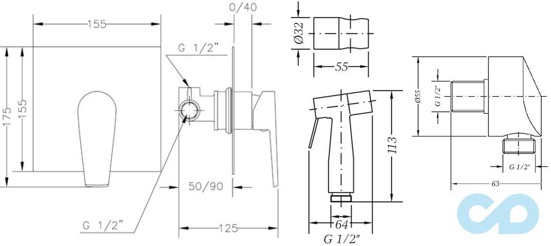 креслення Гігієнічний душ Genebre Klip KLIP45OV