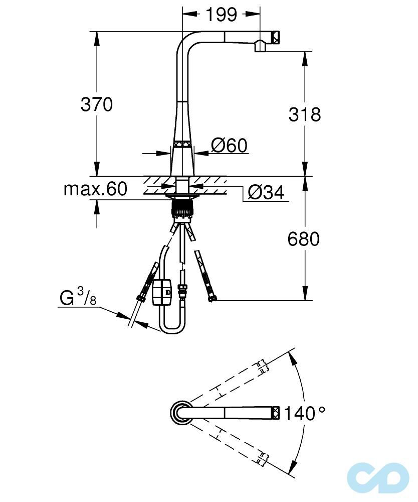 креслення Кухонний змішувач Grohe Zedra SmartControl 31593DC2