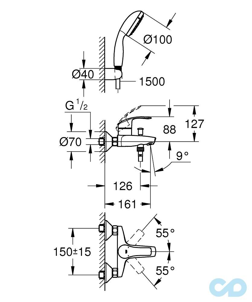 креслення Змішувач для ванни Grohe Eurosmart 3330220A