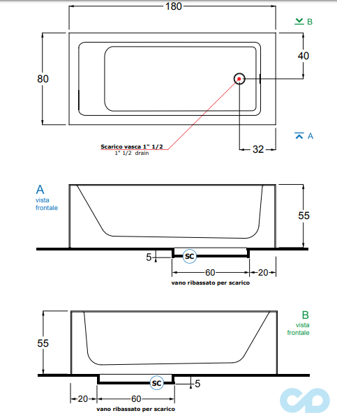 технічна схема Ванна Treesse Summertime 180 см V3180XBO800S