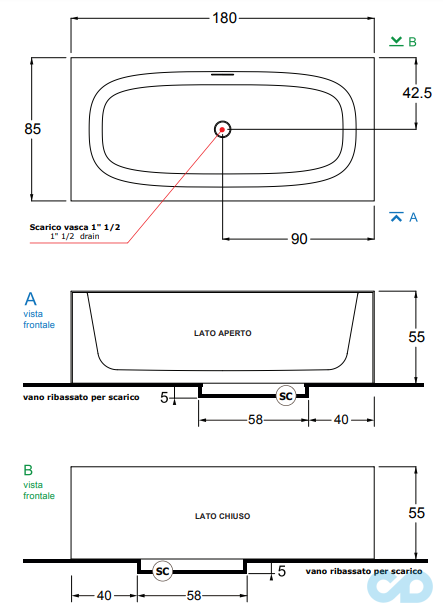 технічна схема Ванна Treesse Summertime 185 V3150XBL800S