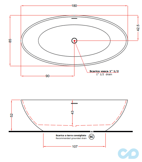 креслення Ванна отдельностоящая Treesse Carezza V308BL