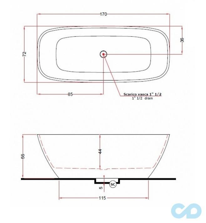 креслення Отдельностоящая ванна Treesse Brio V297BO