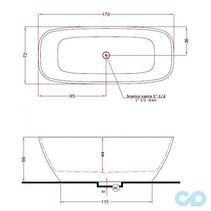 креслення Ванна отдельностоящая Treesse Brio 170 см V297BL