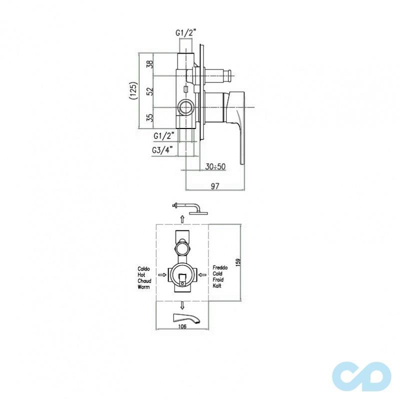 креслення Змішувач прихованого монтажу для ванни Fiore Kyma 75CR6517