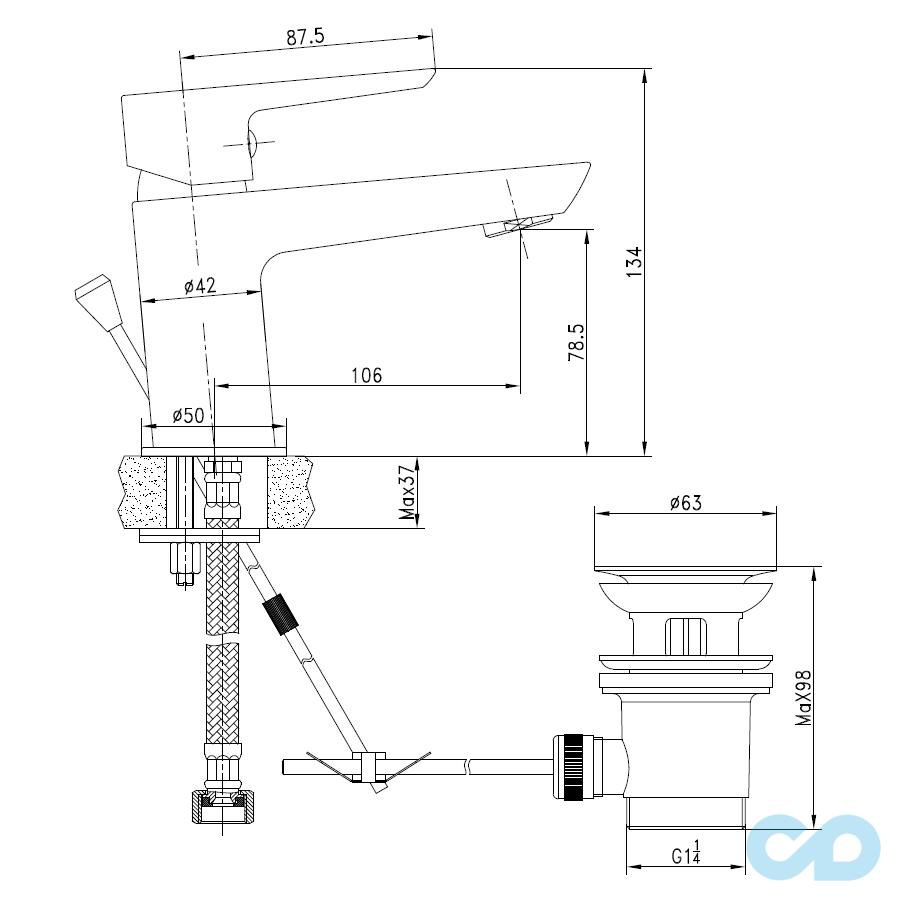 технічна схема Раковина Laufen Pro S H8159600001041 в комплекті зі змішувачем Imprese 05170BT