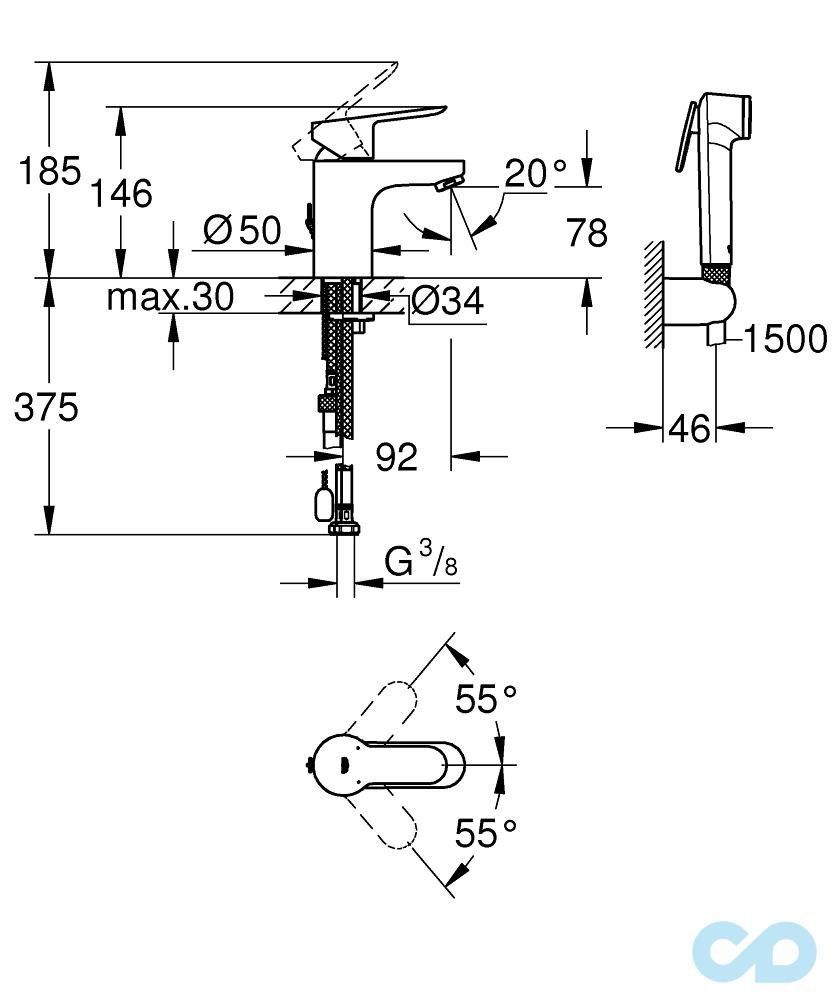 технічна схема Раковина Laufen Pro S H8159600001041 в комплекті зі змішувачем Grohe BauEdge 23757000
