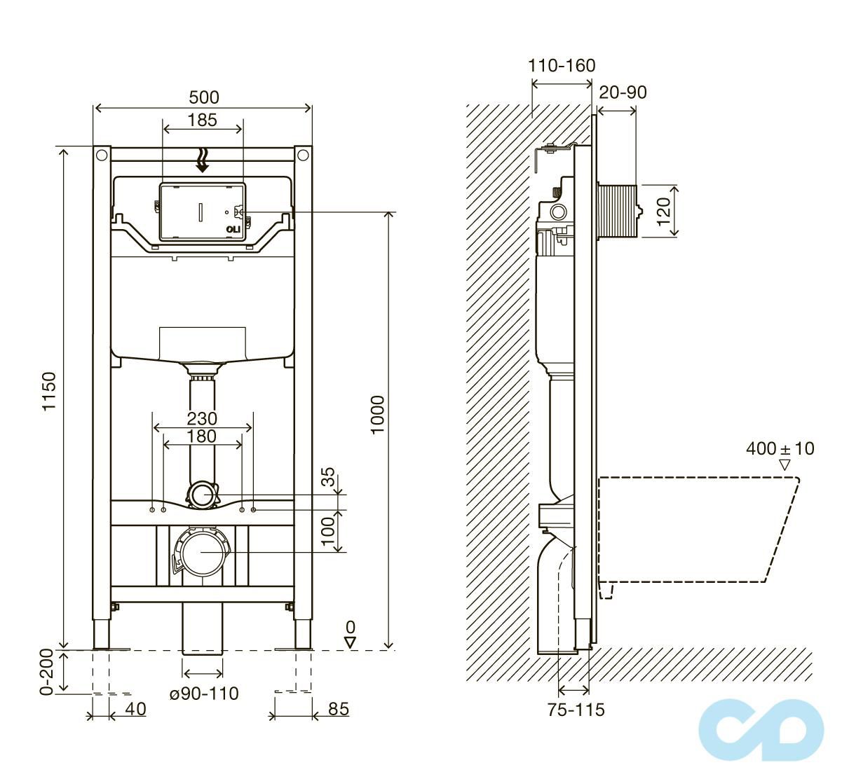 креслення Інсталяція для унітазу Imprese 3в1 i8120 з підвісним унітазом Kolo Idol M1310002U