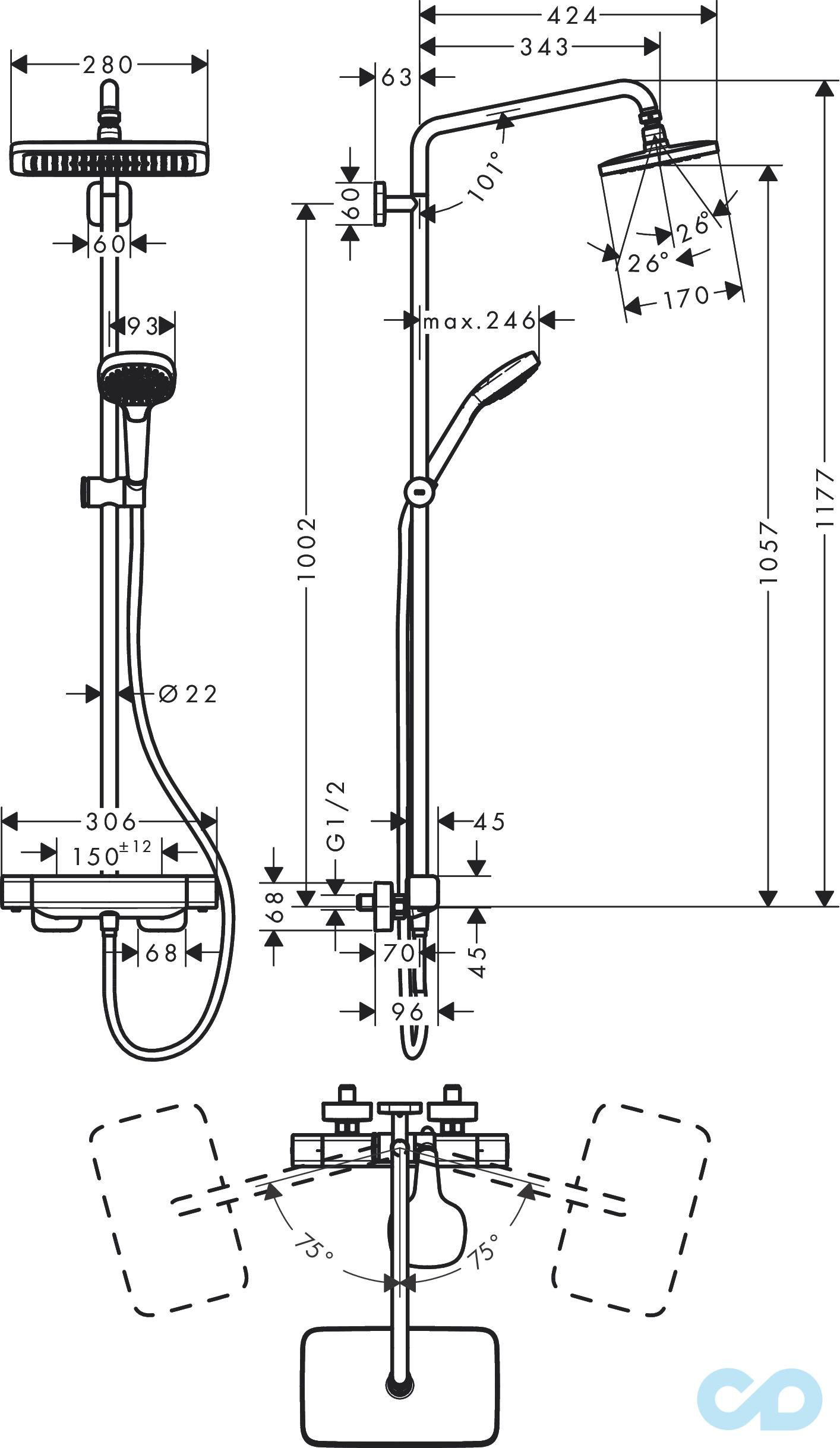 креслення Душова система Hansgrohe Croma E 27630000