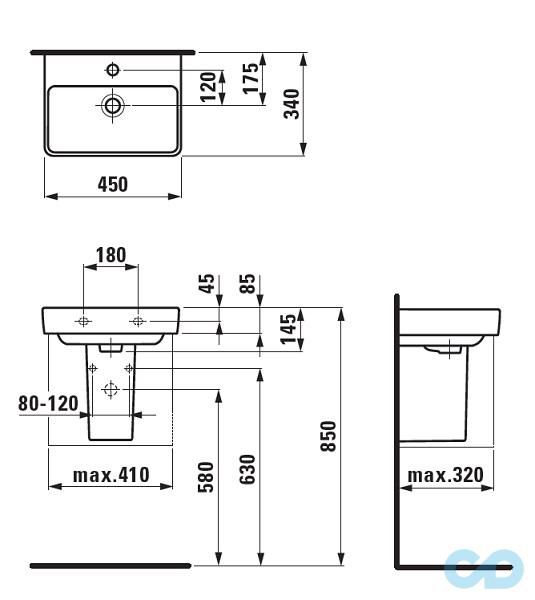 техническая схема Раковина Laufen PRO S 45 см H8159610001041