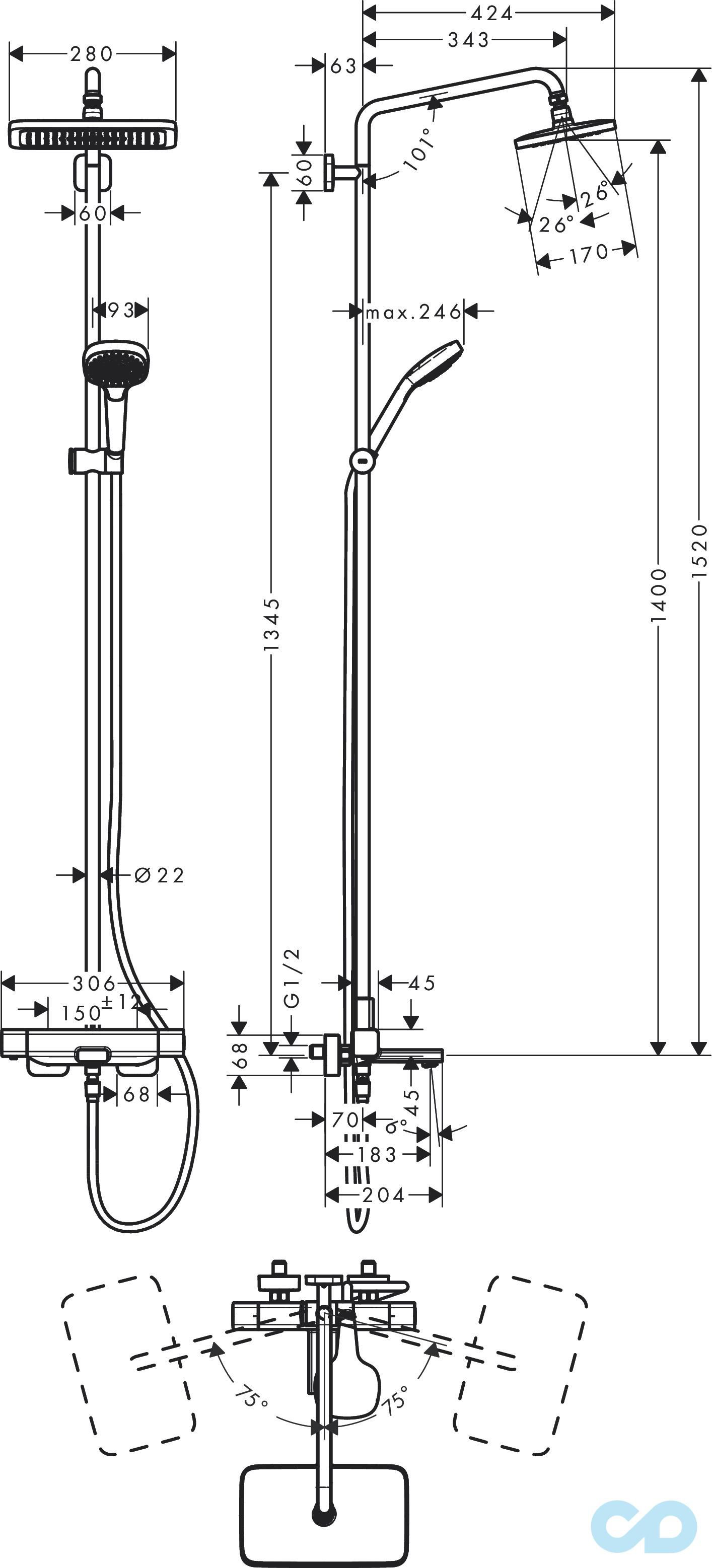 креслення Душова система Hansgrohe Croma E 27687000