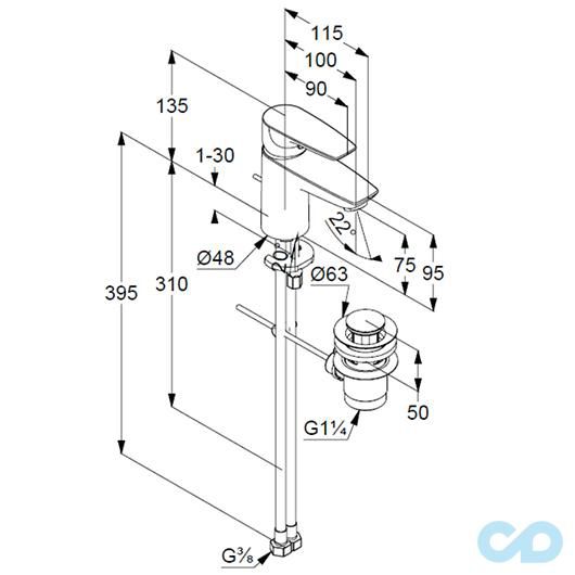 креслення Змішувач для раковини Kludi Pure & Solid 343820575