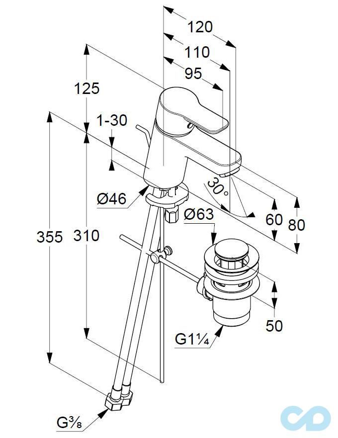 креслення Змішувач для раковини Kludi Pure & Easy 373850565