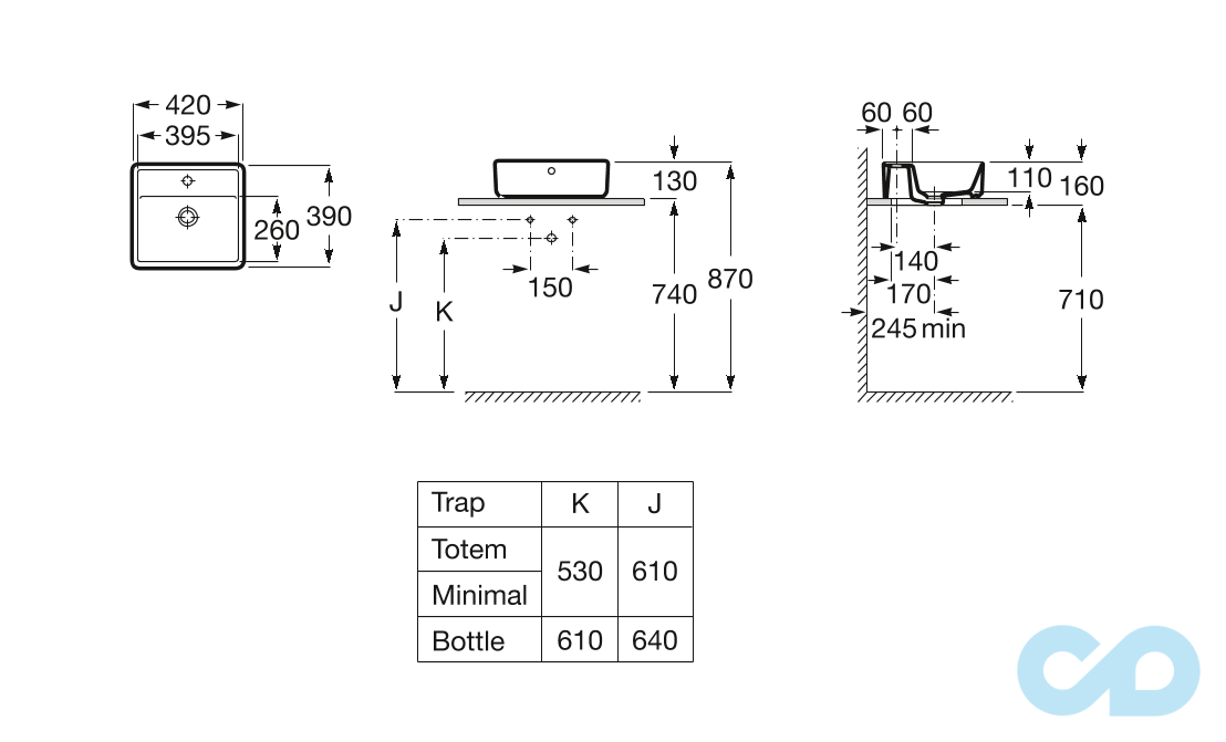креслення Накладна раковина з полицею Roca Alter A3270MM000