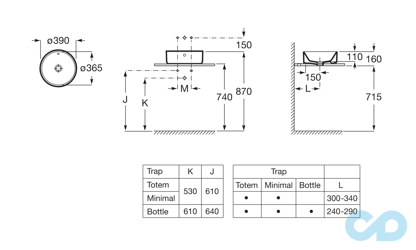 креслення Раковина накладна Roca Alter A3270MJ000