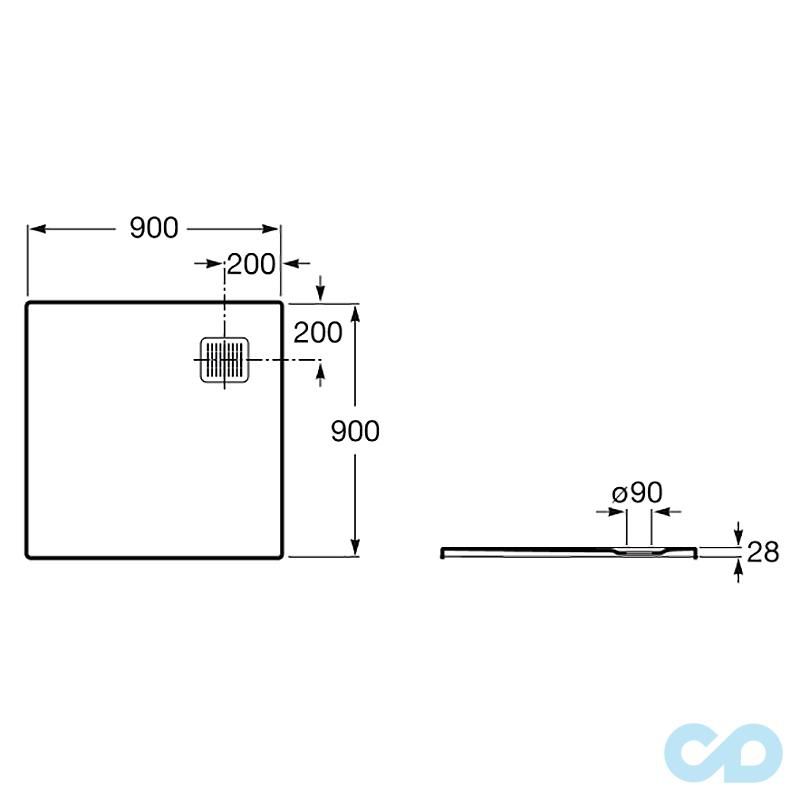 креслення Душовий піддон Roca Terran 90 х 90 см AP0338438401100