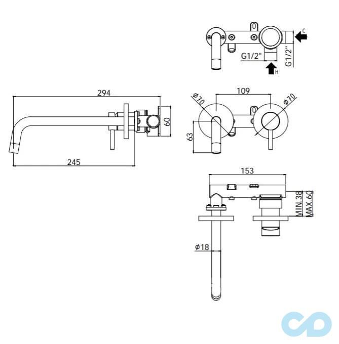 креслення Настінний змішувач для раковини Paffoni Light LIG103NO70