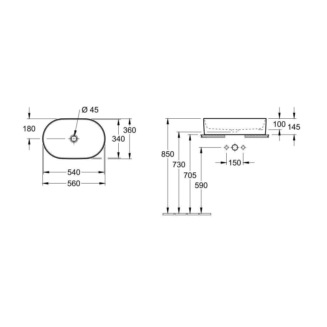 чертеж Накладная раковина Villeroy&Boch Collaro 4A195601