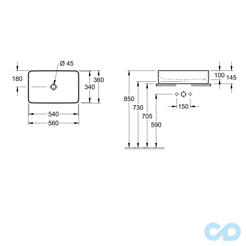 чертеж Накладная раковина Villeroy&Boch Collaro 4A205601
