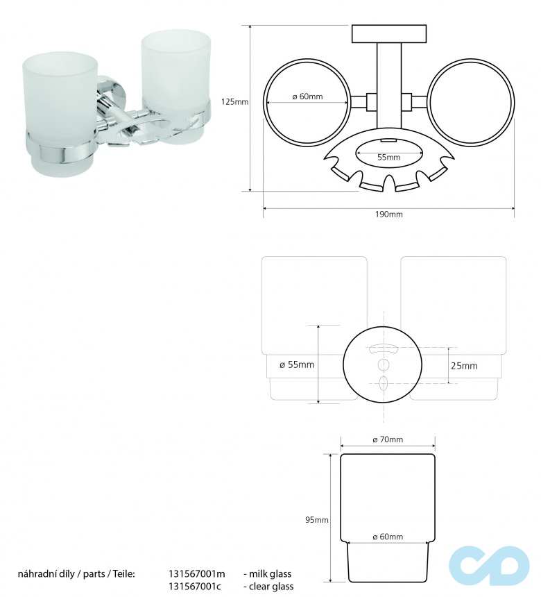 креслення Тримач зубної щітки зі склянками Bemeta Omega 104110042 хром подвійний