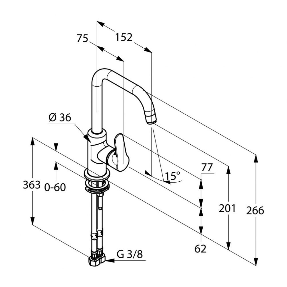 креслення Змішувач для раковини Kludi Objekta 320240575 без донного клапана хром