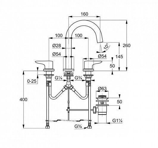креслення Змішувач для раковини на 3 отвори Kludi Objekta 323930575 хром