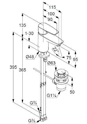 креслення Змішувач для раковини Kludi Pure & Solid 342760575 хром