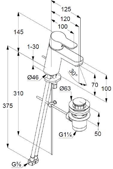 чертеж Смеситель для раковины Kludi Pure&Easy 372890565 с донным клапаном Eco Plus хром