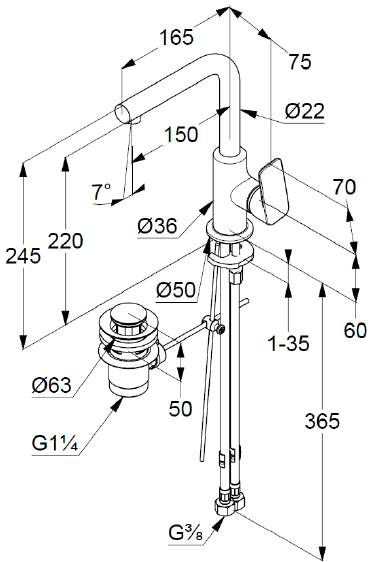 креслення Змішувач для раковини Kludi Pure & Style 400250575 з донним клапаном хром