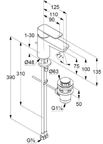 креслення Змішувач для раковини Kludi Pure & Style 403820575 з донним клапаном хром