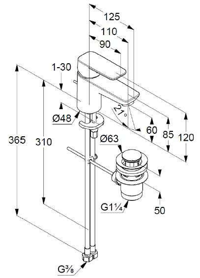 креслення Змішувач для раковини Kludi Pure & Style 403850575 з донним клапаном хром