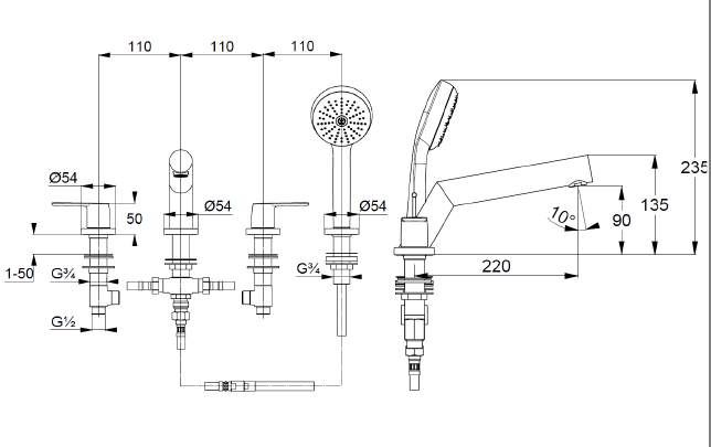 креслення Змішувач для ванни Kludi Pure & Style 404250575 на 4 отвори хром