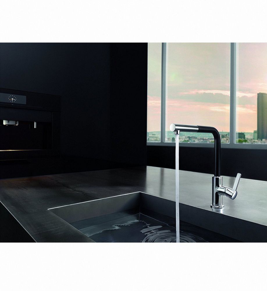 ціна Кухонний змішувач Kludi L-Ine 408518775 з висувним виливом хром-чорний матовий