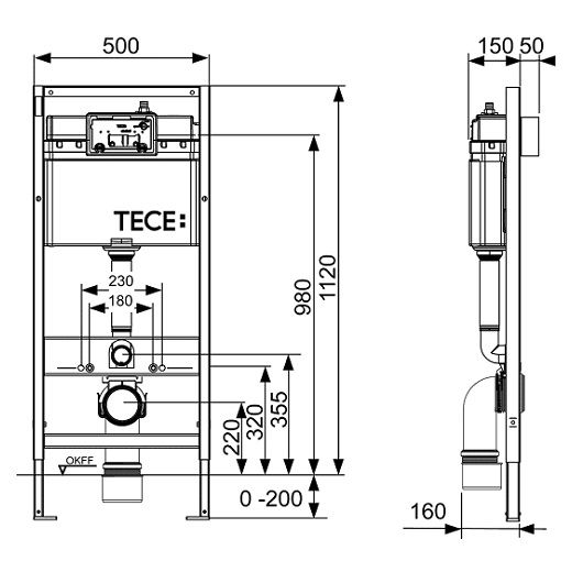креслення Інсталяція Tece Base 9400005 з підвісним унітазом Volle Fiesta New R 13-77-034