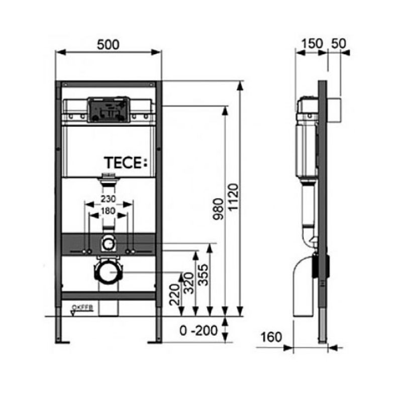 креслення Інсталяція Tece Base 9400006 з підвісним унітазом Volle Fiesta New R 13-77-034