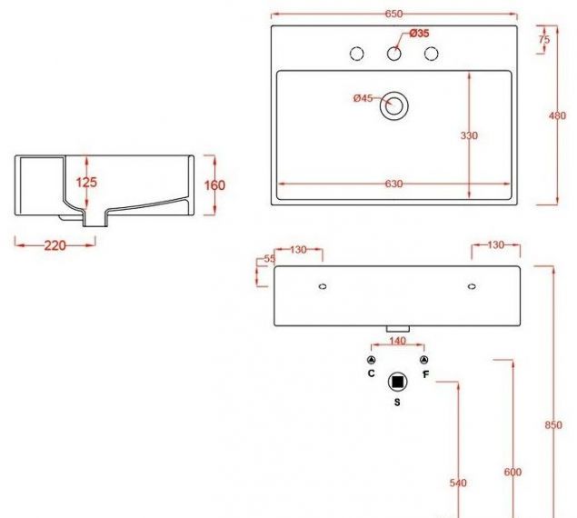 креслення Раковина на стільницю ArtCeram Quadro 65 QUL003