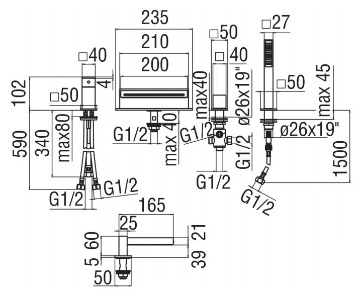 креслення Змішувач для ванни Nobili Cube WEBK110/9QCR