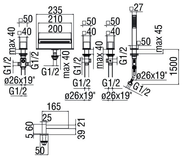 креслення Змішувач для ванни Nobili Cube WEBK204/QCR