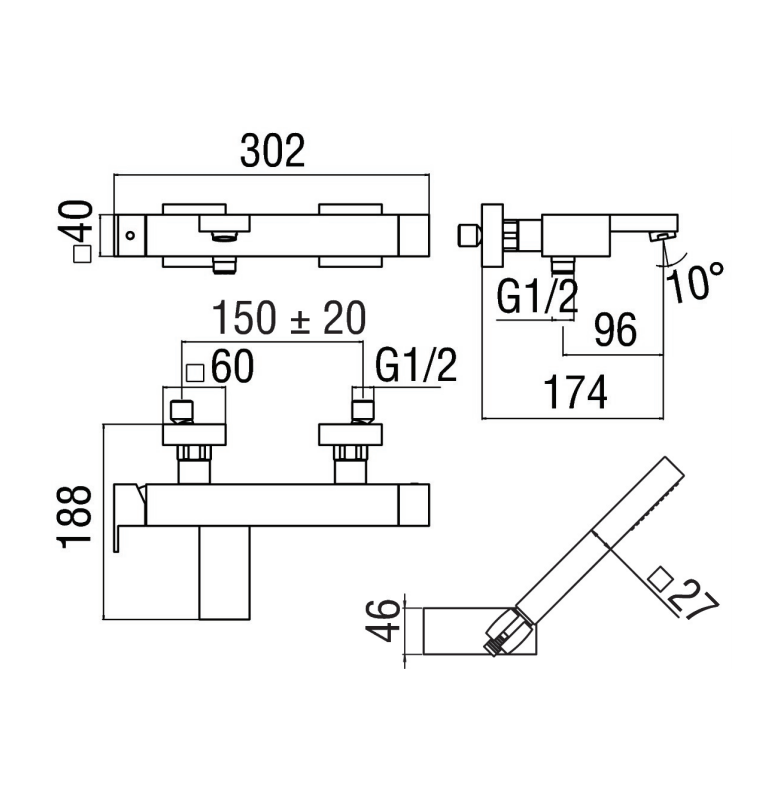 чертеж Смеситель для ванны с душем Nobili Mia MQ102110CR