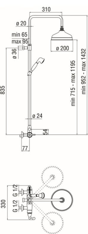 чертеж Душевая система Nobili Royal gold DB00130/50GD золотая