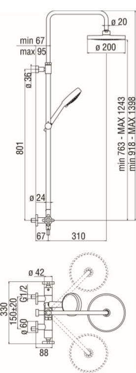 чертеж Душевая система Nobili Lira LR116030/50BM черная матовая