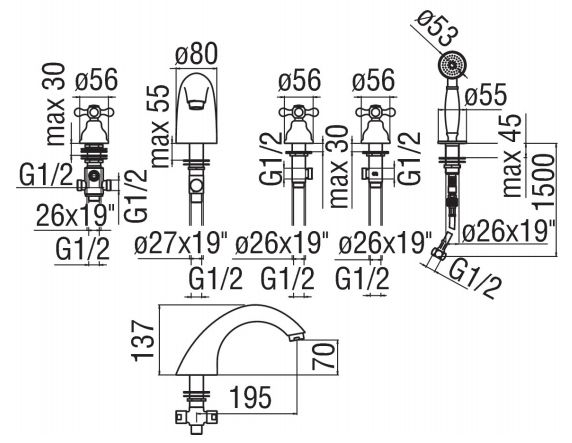 креслення Змішувач для ванни і душа Nobili Grazia WEBK204/GRCR