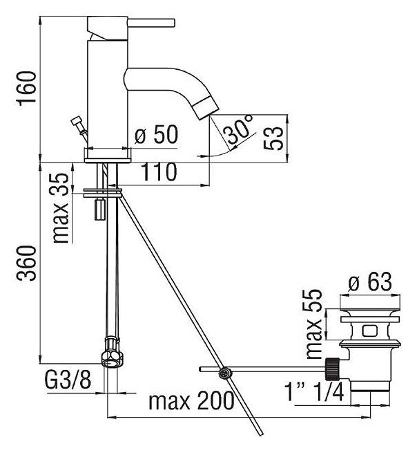 креслення Змішувач для раковини Nobili Live LV00118/1BM чорний