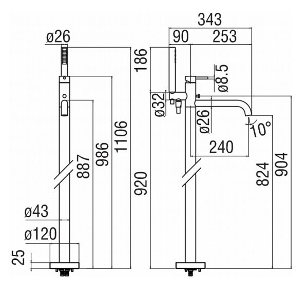 креслення Підлоговий змішувач для ванни Nobili Live WE00180/TBM чорний