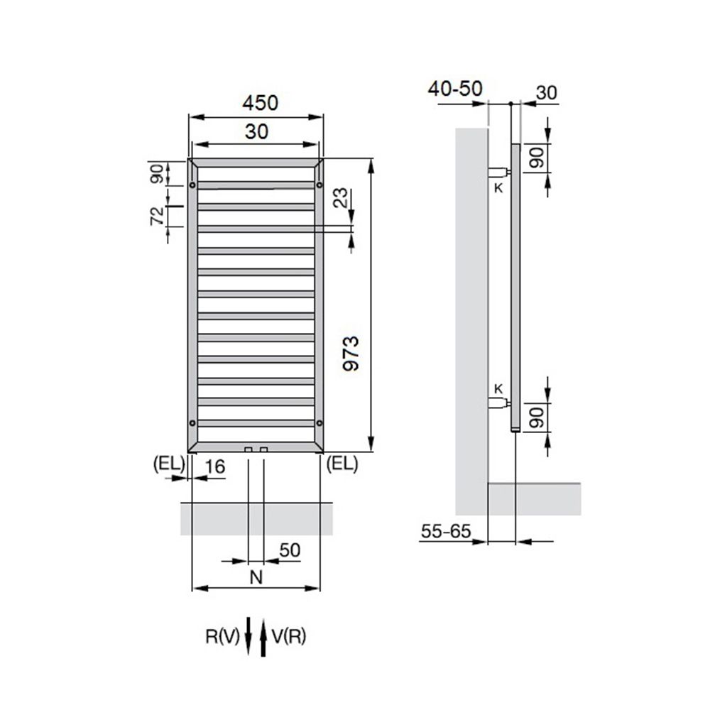 креслення Водяна сушарка для рушників Zehnder Subway inox SUBI-100-045-9005