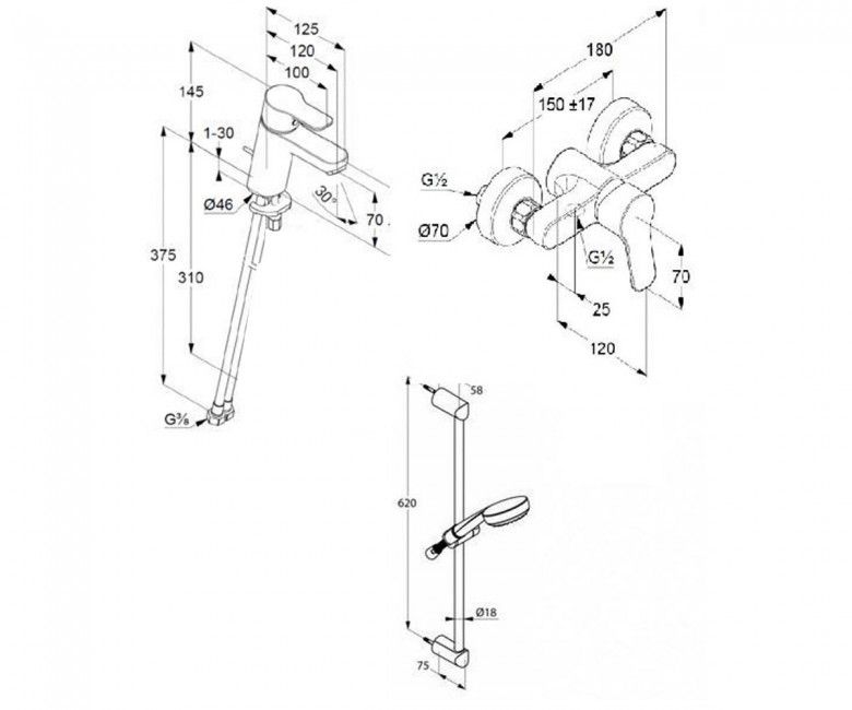 креслення Набір змішувачів для ванни 3в1 KLUDI Pure & Easy 378450565 хром