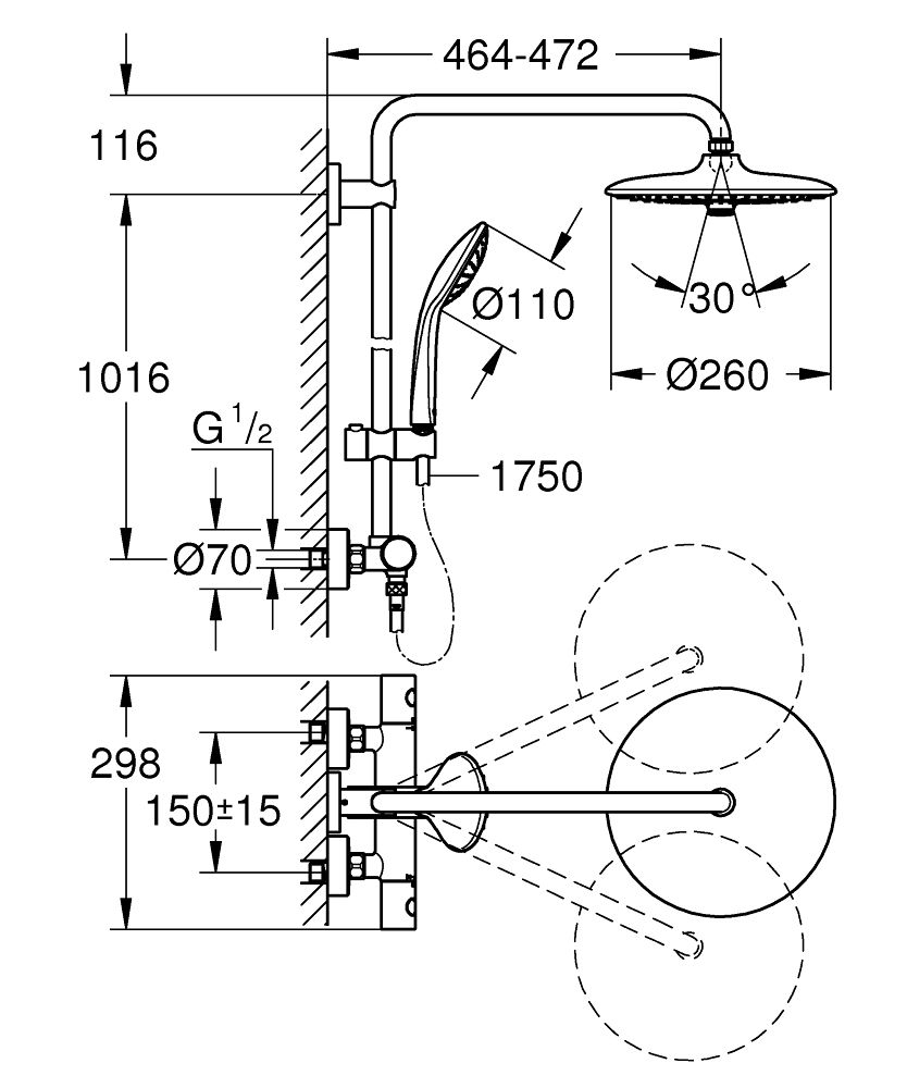 креслення Душова система Grohe Euphoria 27296002 + Змішувач для раковини Grohe Essence 23589001